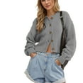 thumbnail image 1 of SWSMCLT Women's Knit Crop Top Solid Waffle Knitted Lantern Sleeve Short Cardigan Sweater Long Sleeve Spring Soft Button Down Loose Fit Baggy Oversized Grey Medium, 1 of 1