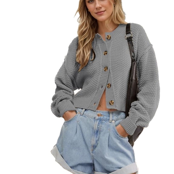 SWSMCLT Women's Knit Crop Top Solid Waffle Knitted Lantern Sleeve Short Cardigan Sweater Long Sleeve Spring Soft Button Down Loose Fit Baggy Oversized Grey X-Large