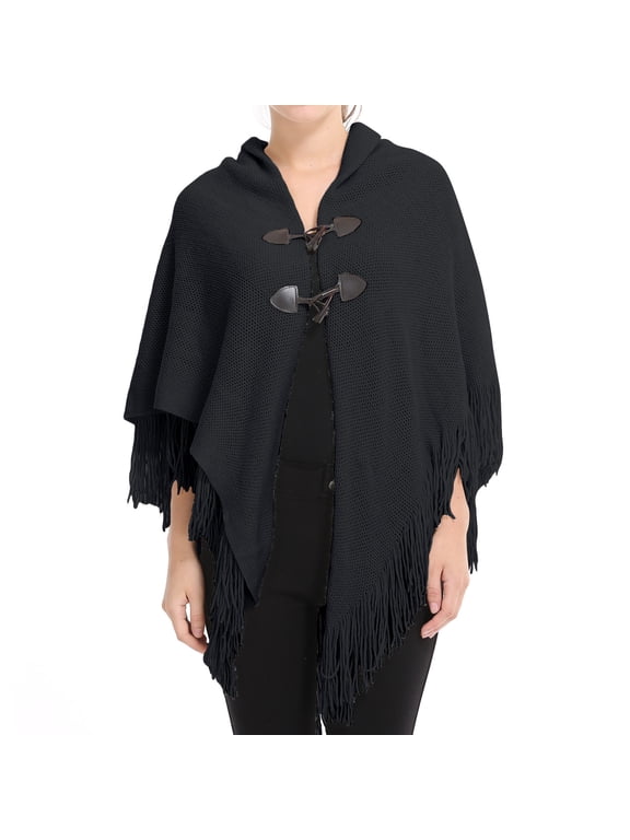 Women's Knit Poncho Cardigan Sweater Solid Knitted Adult Mexican Poncho Wrap Winter Fall Soft Shawl Asymmetrical Cape Sweater Toggle Tassel Fringe Crochet Black One Size