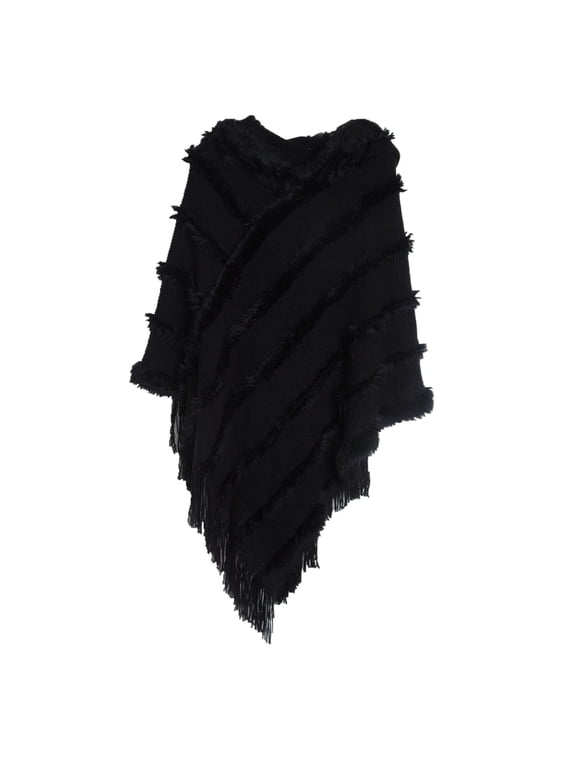 Women's Knit Poncho Sweater Soft Long Ladies Wrap & Shawl Thermal Hooded Cape Batwing Sleeve Top Fringe Cozy Mexican Blanket Hoodie Black One Size