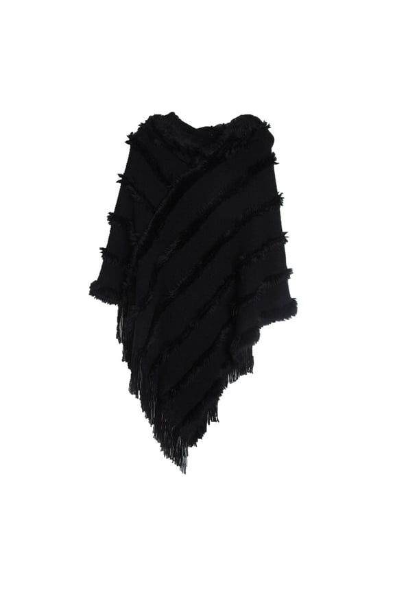 Women's Knit Poncho Sweater Soft Long Ladies Wrap & Shawl Thermal Hooded Cape Batwing Sleeve Top Fringe Cozy Mexican Blanket Hoodie Black One Size