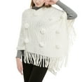 thumbnail image 1 of SWSMCLT Women's Knit Poncho Sweater Solid Pullover Casual Mexican Poncho Wrap Soft Tassel Fringe Crochet Adult Winter Spring Fall Pom Pom Shawl Asymmetrical V Neck Cape Sweater White One Size, 1 of 3
