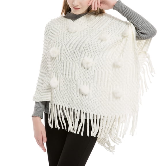 SWSMCLT Women's Knit Poncho Sweater Solid Pullover Casual Mexican Poncho Wrap Soft Tassel Fringe Crochet Adult Winter Spring Fall Pom Pom Shawl Asymmetrical V Neck Cape Sweater White One Size