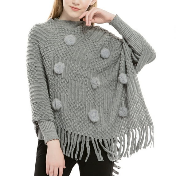 SWSMCLT Women's Knit Poncho Sweater Solid Pullover Casual Mexican Poncho Wrap Soft Tassel Fringe Crochet Adult Winter Spring Fall Pom Pom Shawl Asymmetrical V Neck Cape Sweater Grey One Size