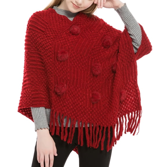 SWSMCLT Women's Knit Poncho Sweater Solid Pullover Casual Mexican Poncho Wrap Soft Tassel Fringe Crochet Adult Winter Spring Fall Pom Pom Shawl Asymmetrical V Neck Cape Sweater Red One Size
