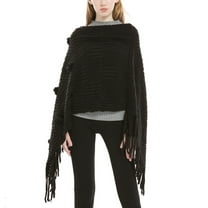 SWSMCLT Women's Knit Poncho Sweater Solid Pullover Casual Mexican Poncho Wrap Soft Tassel Fringe Crochet Adult Winter Spring Fall Pom Pom Shawl Asymmetrical V Neck Cape Sweater Black One Size