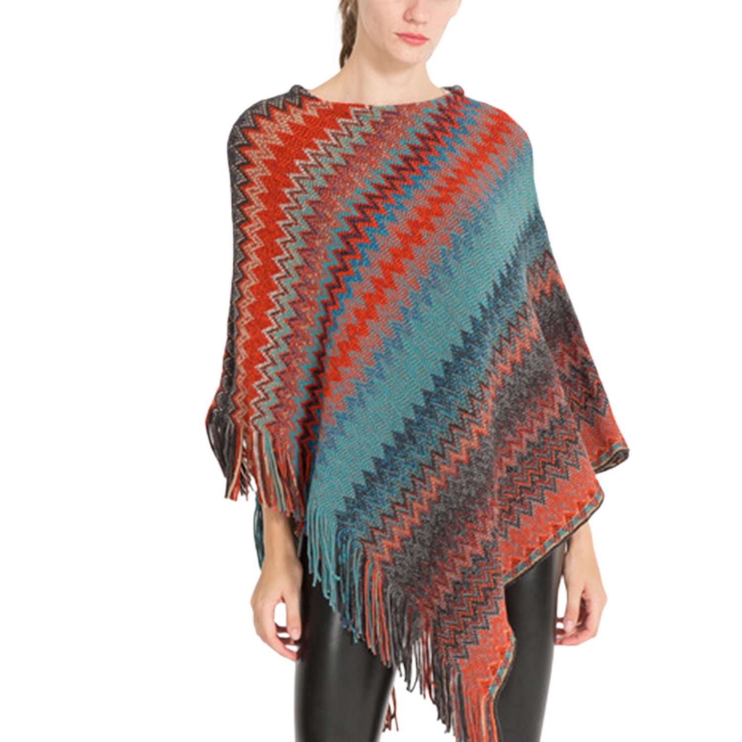 SWSMCLT Women's Knit Poncho Sweater Zig Zag Pullover Adult Winter