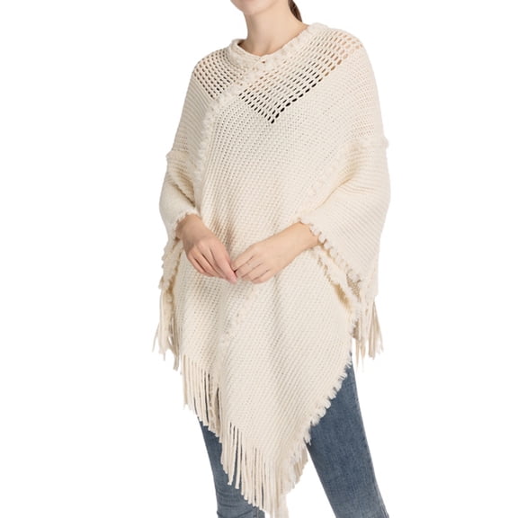 SWSMCLT Women's Knit Sweater PonchoCrochet Ponchos and Wraps Soft Winter Warm Blanket Wrap Shawl Pashmina Cape Sweater Casual Tassel Fringe Beige One Size