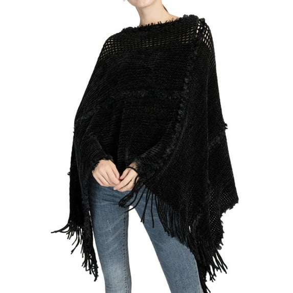 SWSMCLT Women's Knit Sweater PonchoCrochet Ponchos and Wraps Soft Winter Warm Blanket Wrap Shawl Pashmina Cape Sweater Casual Tassel Fringe Black One Size