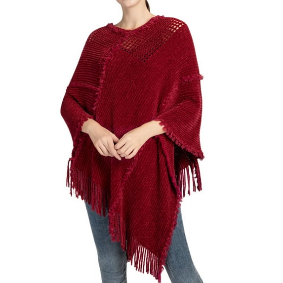 SWSMCLT Women's Knit Sweater PonchoCrochet Ponchos and Wraps Soft Winter Warm Blanket Wrap Shawl Pashmina Cape Sweater Casual Tassel Fringe Burgundy One Size