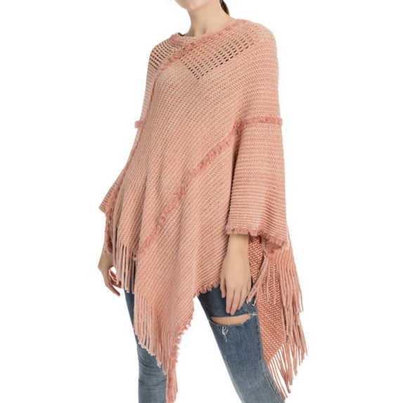 SWSMCLT Women's Knit Sweater PonchoCrochet Ponchos and Wraps Soft Winter Warm Blanket Wrap Shawl Pashmina Cape Sweater Casual Tassel Fringe Pink One Size