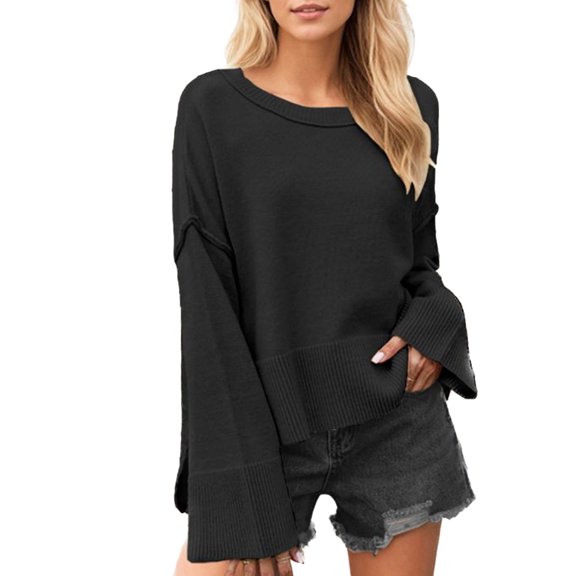SWSMCLT Women's Knitted Fashion Y2K Chunky Sweater Casual Winter Short Loose Fit Knitwear Long Sleeve Pullover Sweaters Ribbed Knit Boat Neck Fall Top Spring Black Small