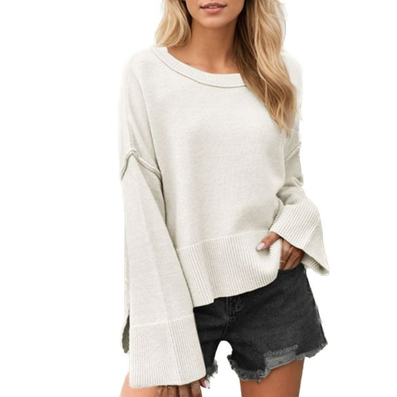 SWSMCLT Women's Knitted Fashion Y2K Chunky Sweater Casual Winter Short Loose Fit Knitwear Long Sleeve Pullover Sweaters Ribbed Knit Boat Neck Fall Top Spring Apricot Large