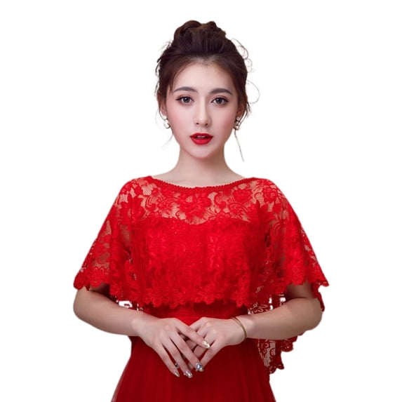 SWSMCLT Women's Lace Cape Short Sleeve ShrugLoose Tulle Short High Low Top Sheer Soft Poncho Party Basic Winter Red One Size