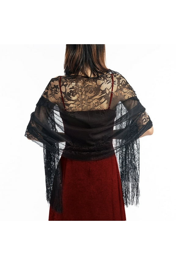 SWSMCLT Women's Lace Crochet Mesh Wedding Pashmina Shawls and Wraps for Evening Dresses Boho Gypsy Head Scarf Fancy ElegantBridal Banquet Formal Pashmina Scarf with Fringe Black One Size