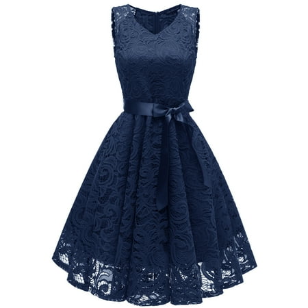 SWSMCLT Women's Lace Dress Semi Formal Cocktail Sleeveless Dresses V Neck Evening Gown Navy 4-6