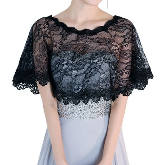 SWSMCLT Women's Lace Fancy Fashion Mesh Bridal Lace Cape for Wedding Shrug Light Semi Formal Net Fitted Black One Size
