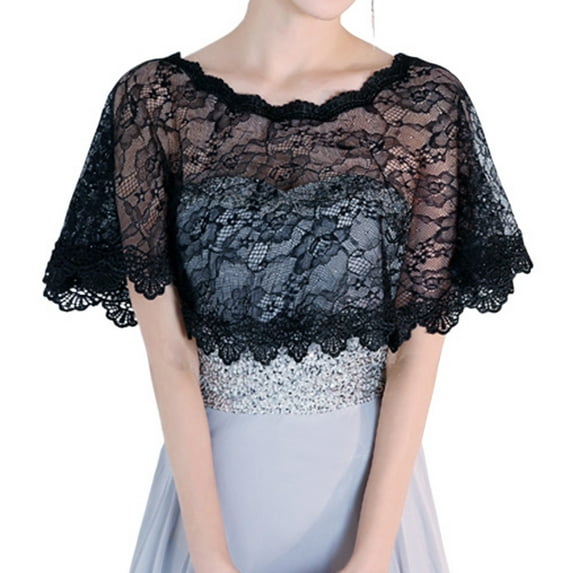 SWSMCLT Women's Lace Fancy Fashion Mesh Bridal Lace Cape for Wedding Shrug Light Semi Formal Net Fitted Black One Size