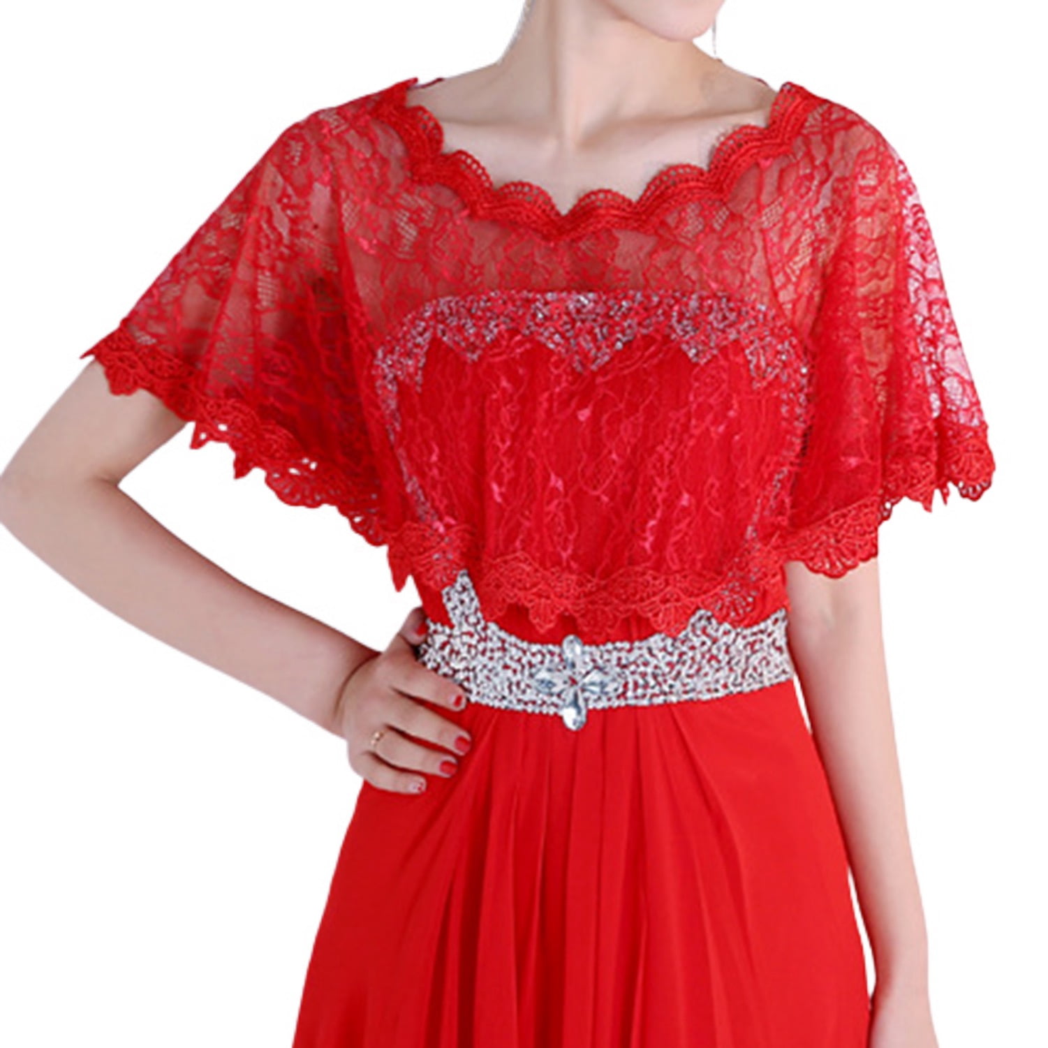Swsmclt Women's Lace Fancy Fashion Mesh Bridal Lace Cape for Wedding Shrug Light Semi Formal Net Fitted Red One Size