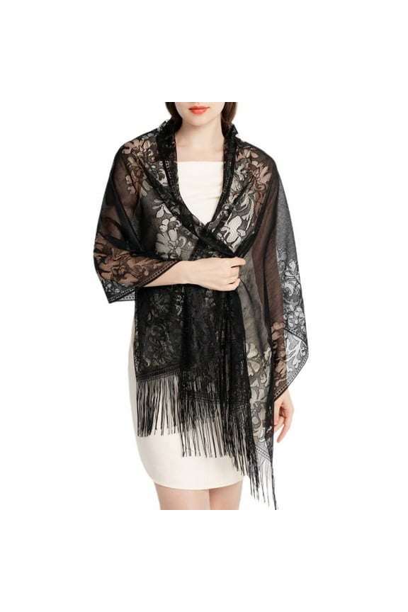 Women's Lace Fringe Wrap Scarf for Evening Dresses Satin Shawl and Wraps Pashmina Wedding Bridal Party Elegant Soft Scarves Black One Size