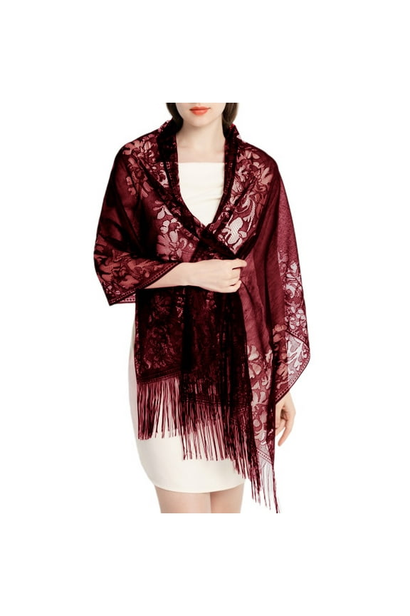 SWSMCLT Women's Lace Fringe Wrap Scarf for Evening Dresses Satin Shawl and Wraps Pashmina Wedding Bridal Party Elegant Soft Scarves Burgundy One Size