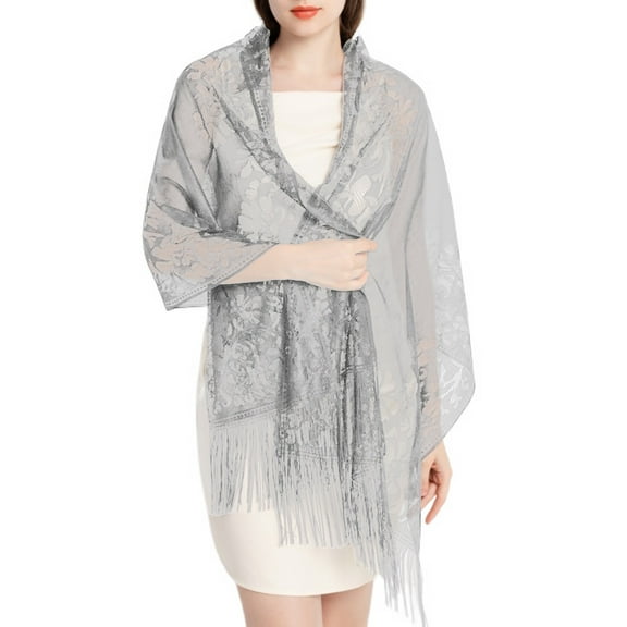 SWSMCLT Women's Lace Fringe Wrap Scarf for Evening Dresses Satin Shawl and Wraps Pashmina Wedding Bridal Party Elegant Soft Scarves Grey One Size