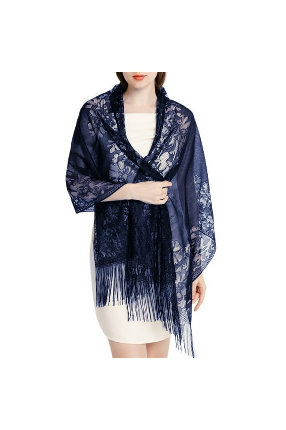 Women's Lace Fringe Wrap Scarf for Evening Dresses Satin Shawl and Wraps Pashmina Wedding Bridal Party Elegant Soft Scarves Navy One Size