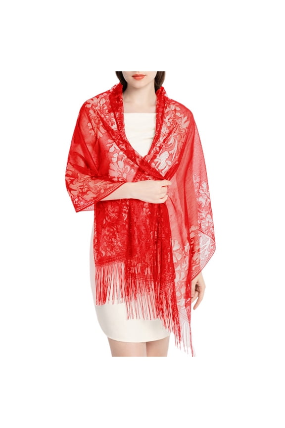 Women's Lace Fringe Wrap Scarf for Evening Dresses Satin Shawl and Wraps Pashmina Wedding Bridal Party Elegant Soft Scarves Red One Size