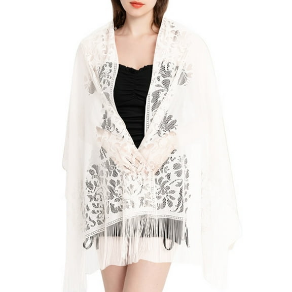SWSMCLT Women's Lace Fringe Wrap Scarf for Evening Dresses Satin Shawl and Wraps Pashmina Wedding Bridal Party Elegant Soft Scarves White One Size