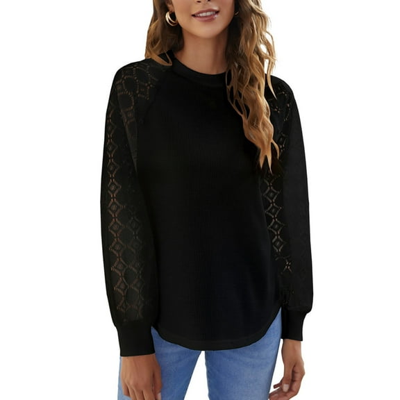 SWSMCLT Women's Lace Illusion Long Sleeve Shirt Waffle Knit Tshirt Soft Patchwork Fashion Crew Neck Sweatshirt Fall Top Black 12