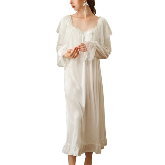 SWSMCLT Women's Lantern Victorian Vintage Sleeve Nightgown Old Fashioned Night Shirt Long Sleeve Loungewear Mid Calf Bow White Large