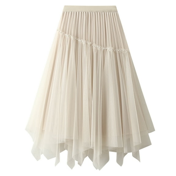 SWSMCLT Women's Layered Asymmetrical Tulle Skirts Tea Length Long Skirt Chiffon Tutu Mesh Midi High Waisted Apricot One Size
