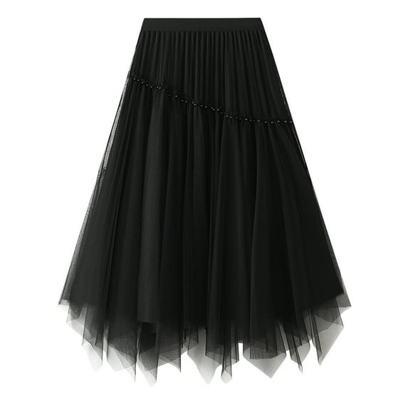 SWSMCLT Women's Layered Asymmetrical Tulle Skirts Tea Length Long Skirt Chiffon Tutu Mesh Midi High Waisted Black One Size