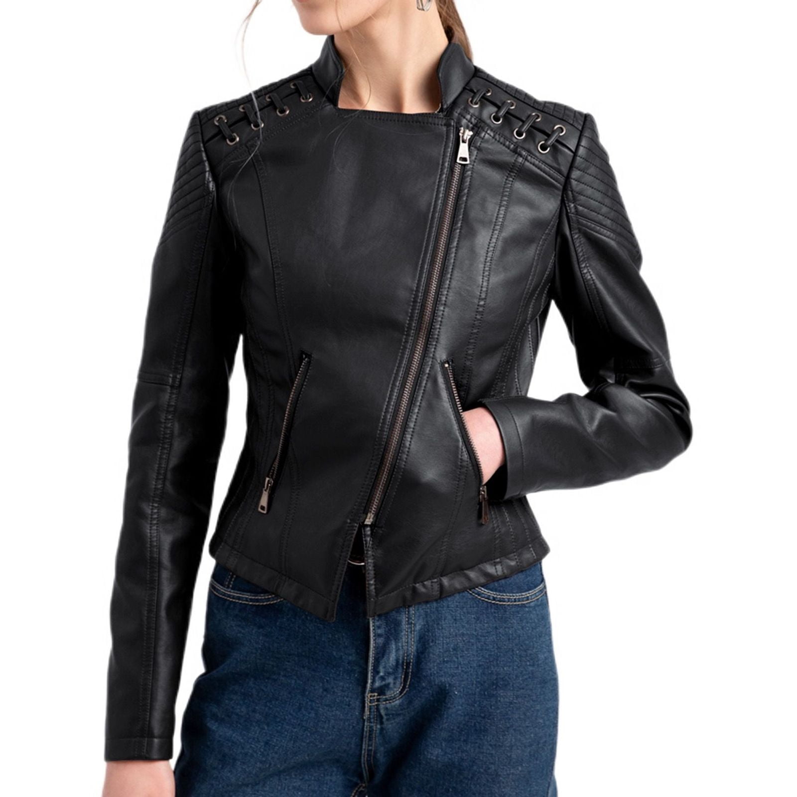 IMAN Global Chic Genuine Lamb Leather Moto Jacket Black Large Walmart