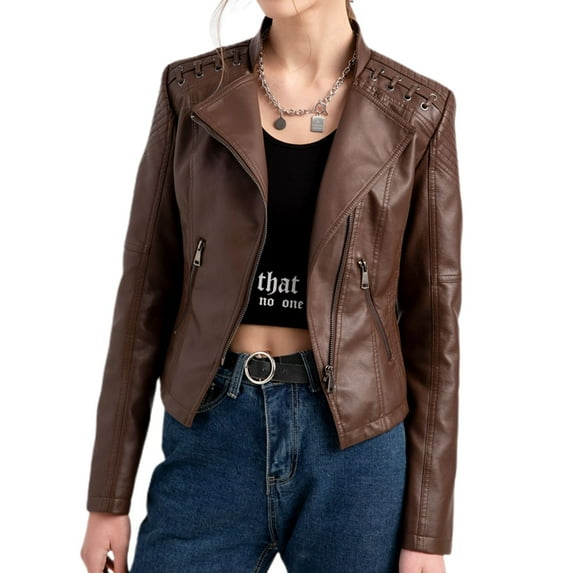 SWSMCLT Women's Leather Jacket Faux Suede Jacket Long Sleeve Streetwear Motorcycle Fall Fashion Hoodless Outerwear Coffee 8-10