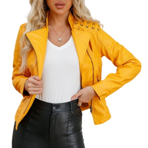 SWSMCLT Women's Leather Jacket Faux Suede Jacket Long Sleeve Streetwear Motorcycle Fall Fashion Hoodless Outerwear Yellow 16