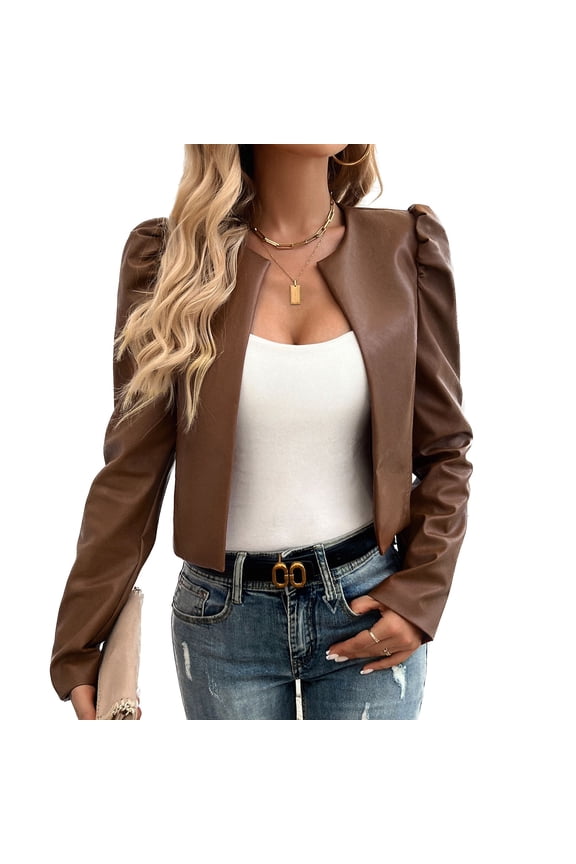 Women's Leather Jacket Winter Puff Sleeve Faux Leather Dinner Jacket Fall Long Sleeve Fashion Khaki Small