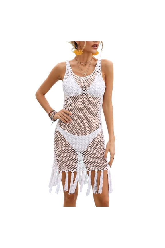 Women's Light Dress Cover Up Sheer Hollow Out Beach Cover Up Soft Spring Fitted Sexy Bikini White 12