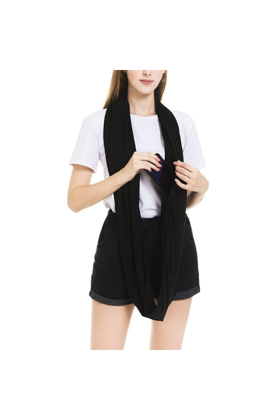 Women's Lightweight Fall Travel Spring Stretchy Zipper Fashion Scarves & Wraps Soft Pocket Muffler Infinity Scarf Black One Size