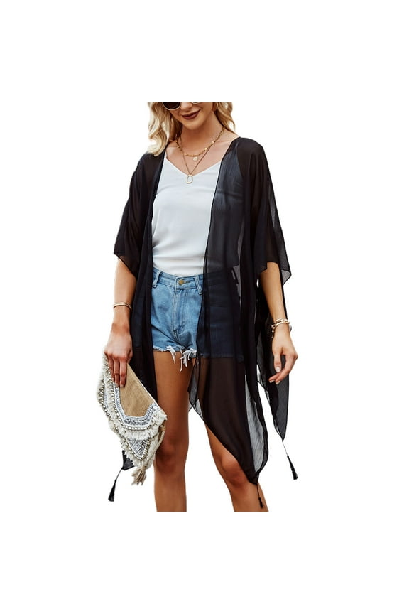 Women's Lightweight Holiday Open Front Mesh See Through Bathing Suit Cover Up Summer Chiffon Sheer Soft Fringe Kimono Beach Cardigan Black One Size