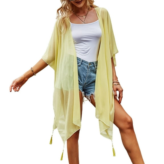 SWSMCLT Women's Lightweight Holiday Open Front Mesh See Through Bathing Suit Cover Up Summer Chiffon Sheer Soft Fringe Kimono Beach Cardigan Yellow One Size