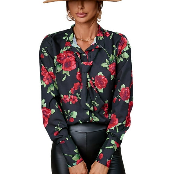 SWSMCLT Women's Lightweight Shirt Button Up Summer Fashion Long Sleeve Top Soft Collared Knotted Band Collar Fall Tie Blouses Style1 Black Floral 12-14