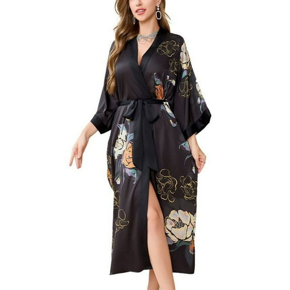 SWSMCLT Women's Long Bath Robe Floral Chic Billowy Drop Shoulder Light Satin Bridal Bathrobe Printed Loungewear Black Small-X-Large