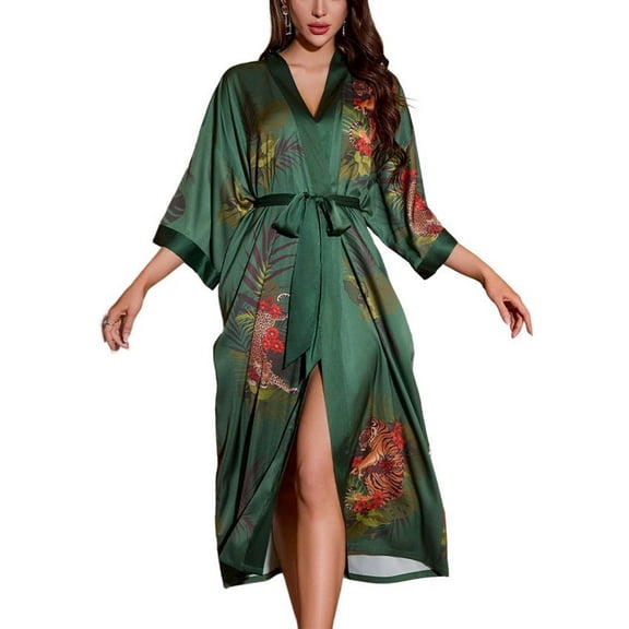 SWSMCLT Women's Long Bath Robe Floral Chic Billowy Drop Shoulder Light Satin Bridal Bathrobe Printed Loungewear Dark Green Small-X-Large
