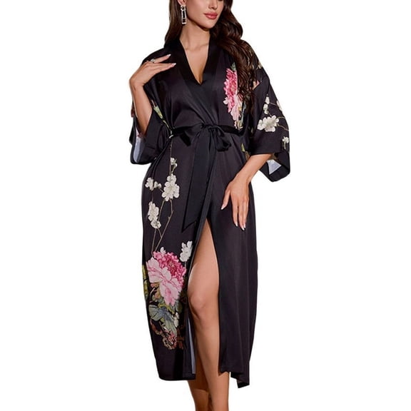 SWSMCLT Women's Long Bath Robe Floral Chic Billowy Drop Shoulder Light Satin Bridal Bathrobe Printed Loungewear Flower Small-X-Large