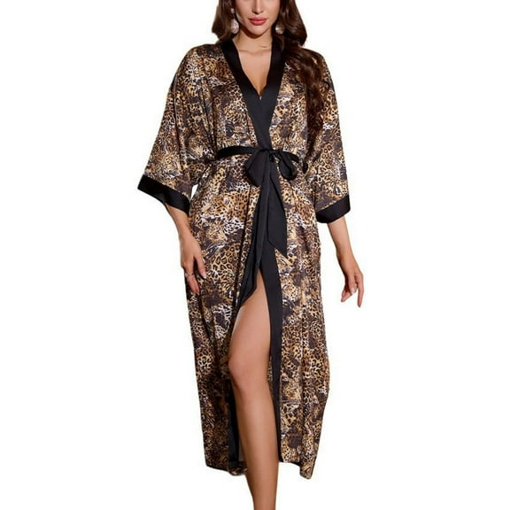 SWSMCLT Women's Long Bath Robe Floral Chic Billowy Drop Shoulder Light Satin Bridal Bathrobe Printed Loungewear Leopard Small-X-Large