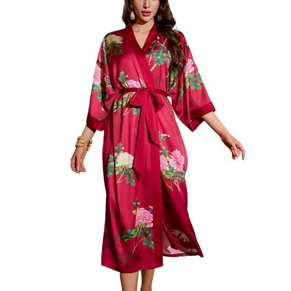 SWSMCLT Women's Long Bath Robe Floral Chic Billowy Drop Shoulder Light Satin Bridal Bathrobe Printed Loungewear Vermillion Small-X-Large