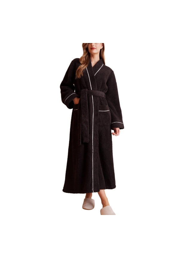 Women's Long Bathrobe Plush Fleece Fuzzy Bathrobes Billowy Cold Weather Full Length Long Sleeve Bath Robe Calf Length Black X-Large-XX-Large