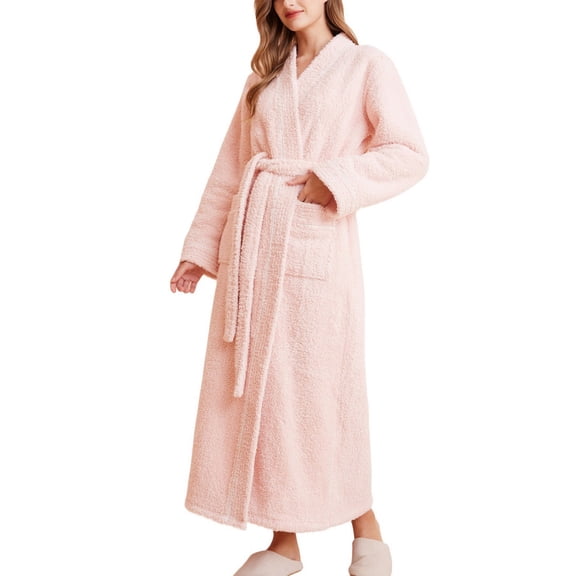 SWSMCLT Women's Long Bathrobe Plush Fleece Fuzzy Bathrobes Billowy Cold Weather Full Length Long Sleeve Bath Robe Calf Length Pink Large