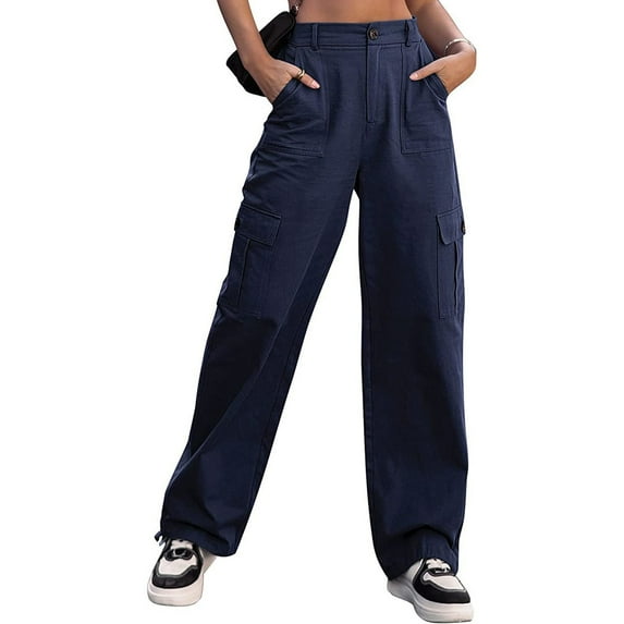 SWSMCLT Women's Long Casual Pants Cargo High Waisted PantsBaggy Palazzo Spandex Loose Pleated Trousers Navy XX-Large